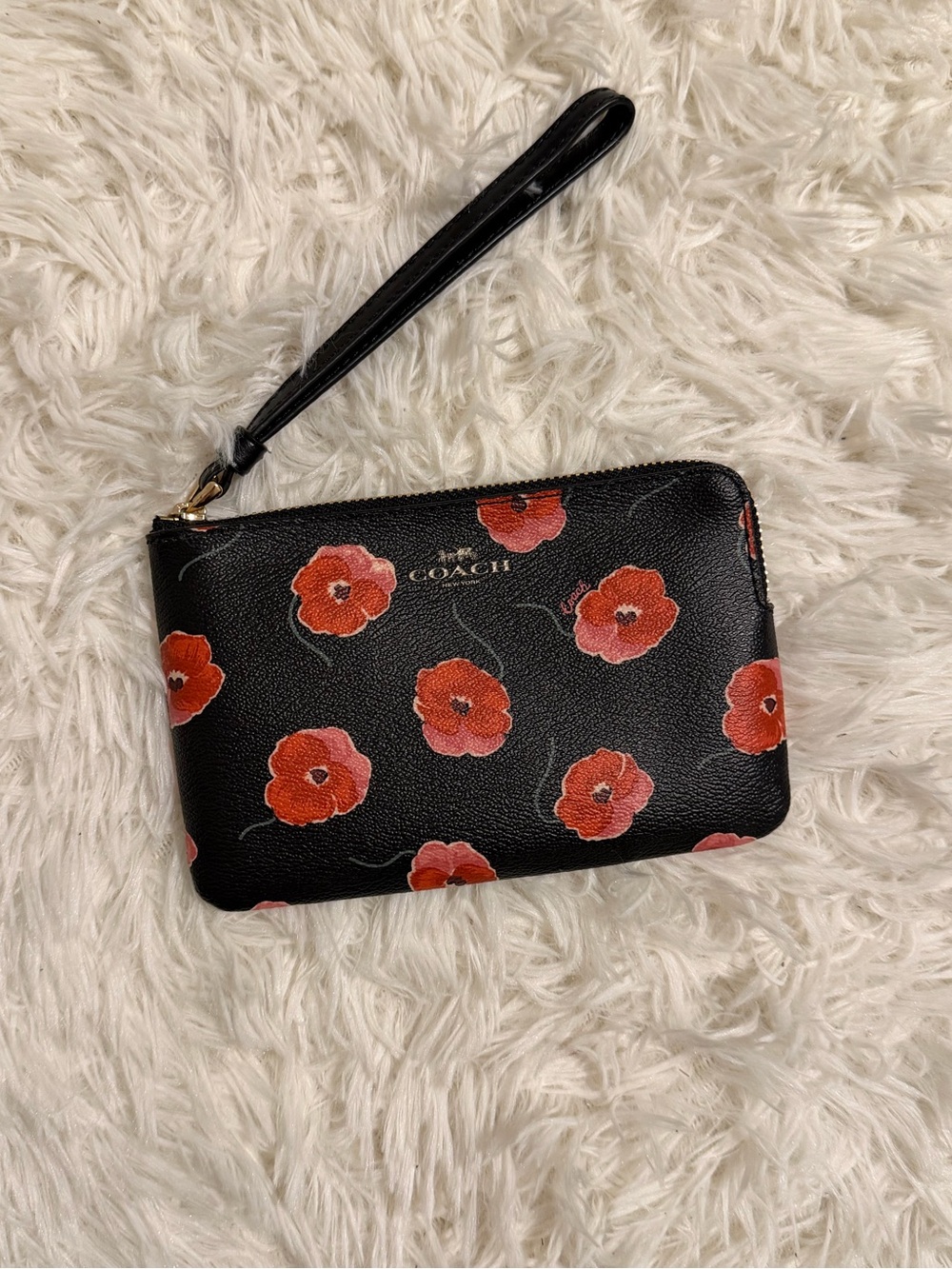 COACH Black Leather Wristlet with Red Floral Print